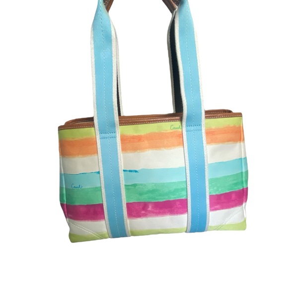 Coach Like New Hampton Leatherware Water Color Pastel Striped Canvas Tote - Picture 8 of 17